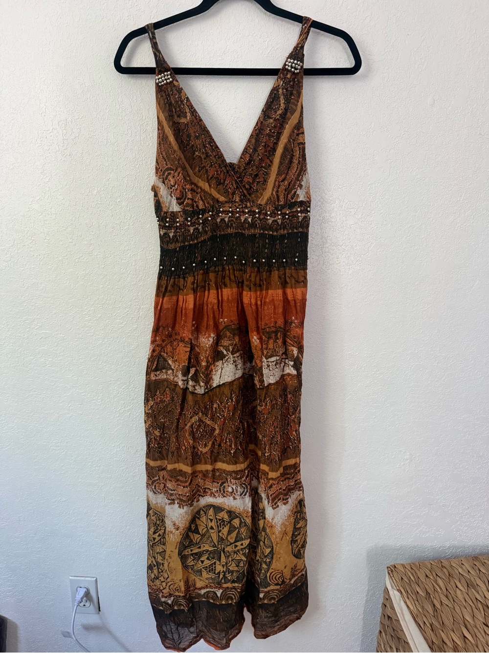 Bohemian Tiered Maxi Dress in Brown and Orange Y2K